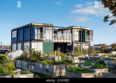 Schifffahrt Container Häuser in der Nähe von Hafen, Fredericia, Dänemark Stockfoto