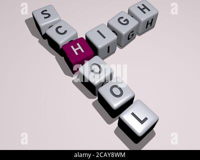 Lehrertag Abschluss: High School Kreuzworträtsel durch Würfelbuchstaben. 3D-Illustration. Hintergrund und blau Stockfoto