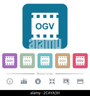 OGV Film-Format weiße flache Symbole auf Farbe abgerundeten quadratischen Hintergründen. 6 Bonus-Symbole enthalten Stock Vektor