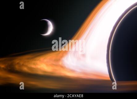 Planet wird in ein Schwarzes Loch im Weltraum gezogen - Nahaufnahme - 3D-Illustration Stockfoto