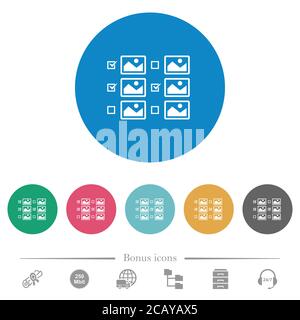 Auswahl mehrerer Bilder mit Kontrollkästchen flache weiße Symbole auf runden farbigen Hintergründen. 6 Bonus-Symbole enthalten. Stock Vektor