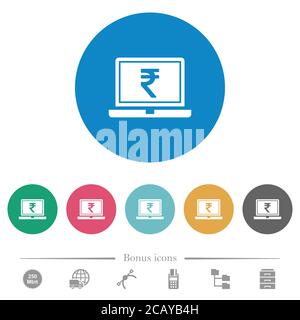 Laptop mit Rupie Zeichen flach weißen Symbolen auf runden farbigen Hintergründen. 6 Bonus-Symbole enthalten. Stock Vektor