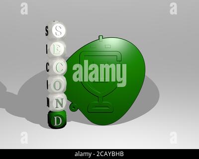 3D-Illustration der zweiten Grafik und Text rund um die Ikone gemacht durch metallische Würfel Buchstaben für die damit verbundenen Bedeutungen des Konzepts und Präsentationen. Editorial und Welt Stockfoto