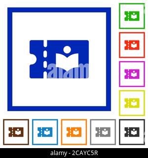 Bibliothek Rabatt Gutschein flache Farbe Symbole in quadratischen Rahmen auf weißem Hintergrund Stock Vektor