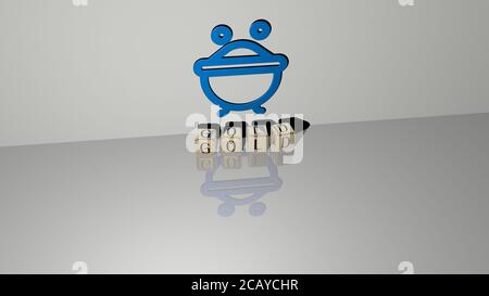 Gold Text von Würfeln Buchstaben auf dem Boden und 3D-Symbol an der Wand. 3D-Illustration. Hintergrund und Abstract Stockfoto