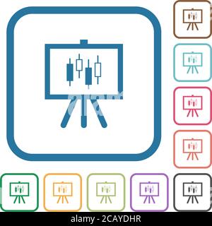 Präsentationstabelle mit Kerzenständer-Diagramm einfache Symbole in Farbe abgerundeten quadratischen Rahmen auf weißem Hintergrund Stock Vektor