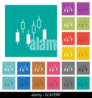 Candlestick Diagramm mehrfarbige flache Symbole auf einfachen quadratischen Hintergründen. Weiße und dunklere Symbolvarianten für schwebe- oder aktive Effekte. Stock Vektor