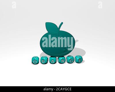 Orangefarbenes 3D-Symbol über kubischen Buchstaben. 3D-Illustration. Hintergrund und Abstract Stockfoto