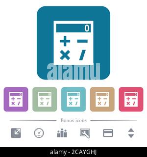 Taschenrechner weiße flache Symbole auf abgerundeten quadratischen Hintergründen. 6 Bonus-Symbole enthalten Stock Vektor