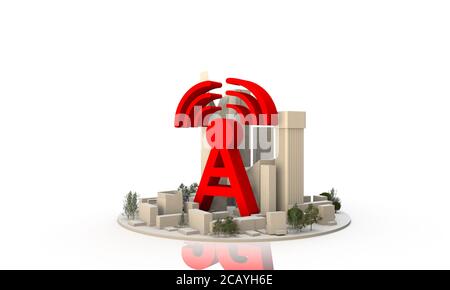 3d-Rendering einer generischen Stadt mit einem Internet oder Handy-Mast und starkes Signal auf weißem Hintergrund Stockfoto