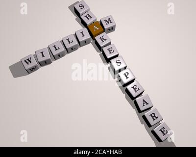William Shakespeare Kreuzworträtsel mit Würfelbuchstaben. 3D-Illustration. Editorial und Fort Stockfoto