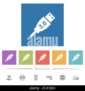 Flache weiße High-Speed-USB-Symbole in quadratischen Hintergründen. 6 Bonus-Symbole enthalten. Stock Vektor