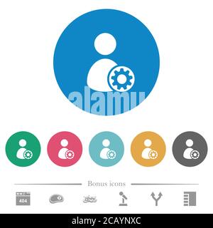 Benutzerkonteneinstellungen flache weiße Symbole auf runden farbigen Hintergründen. 6 Bonus-Symbole enthalten. Stock Vektor