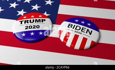 Abzeichen von Donald Trump und Joe Biden, auf der Flagge der Vereinigten Staaten, Symbole der Wahlen vom 3. November 2020. Stockfoto
