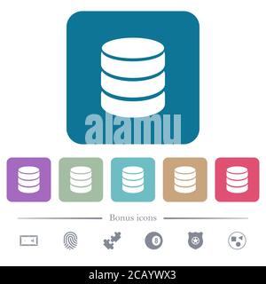 Weiße flache Symbole für einzelne Datenbanken auf abgerundeten quadratischen Hintergründen. 6 Bonus-Symbole enthalten Stock Vektor