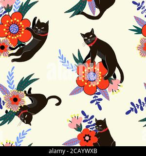 Nahtloses Muster mit schwarzen Katzen und Blumen. Vektor. Stock Vektor