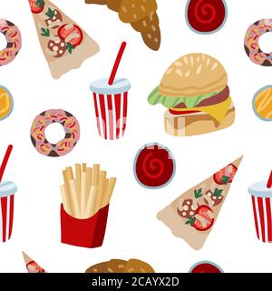 Nahtloses Muster mit Fast Food wie Hamburger, Donuts und Cola. Vektor Cartoon flache Illustration Stock Vektor