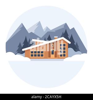 Winter Berglandschaft mit großem Haus für Touristen. Winterurlaub in den Bergen, Skigebiete, Ferienwohnungen. Vektorgrafik flach Stock Vektor