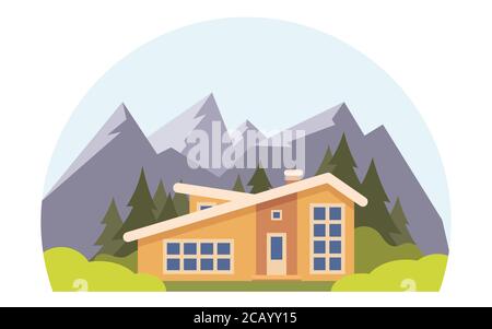 Berglandschaft mit großem Haus für Touristen. Sommerurlaub in den Bergen, Ferienwohnungen. Chalet, Holzhaus, Öko-Haus. Vektorgrafik flach illustrat Stock Vektor
