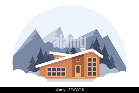 Winter Berglandschaft mit großem Haus für Touristen. Winterurlaub in den Bergen, Skigebiete, Ferienwohnungen. Vektorgrafik flach Stock Vektor
