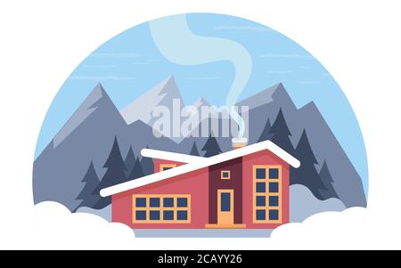 Winter Berglandschaft mit großem Haus für Touristen. Winterurlaub in den Bergen, Skigebiete, Ferienwohnungen. Vektorgrafik flach Stock Vektor