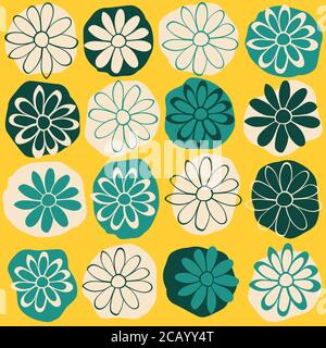 Punkte und Blumen Vektor nahtlose Illustration. Grün Gelb Wiederholungsmuster Stock Vektor