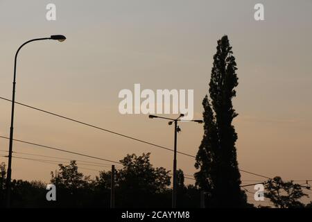 Twilight - von ganz in der Nähe Ohrada Straßenbahnhaltestelle in Prag, können Sie einen Pappel Baum und einige Straßenbahnanlagen zu sehen. Stockfoto