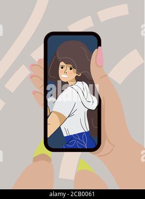 Die Hand hält ein Smartphone mit einem Videoanruf auf dem Bildschirm. Vektor Cartoon flache Illustration. Stock Vektor