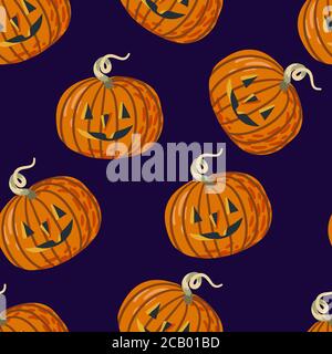 Nahtloses Muster mit Halloween Kürbissen auf violettem Hintergrund. Vektor Cartoon flache Illustration Stock Vektor