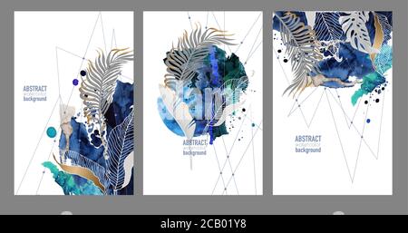 Abstrakte Aquarellbanner mit Blots und tropischen Blättern. Vektor. Stock Vektor