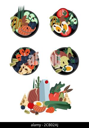 Set Poke Schüsseln. Gesunde Lebensmittel aus natürlichen Produkten. Vektor Cartoon flache Illustration. Stock Vektor