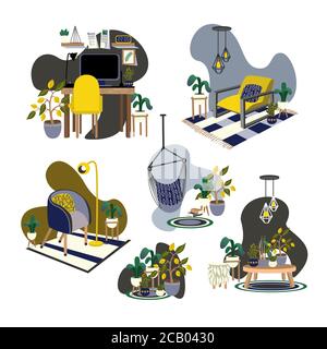 Interior Elemente, Sessel, Stühle, Tische und andere. Vektor Cartoon flache Illustration. Stock Vektor