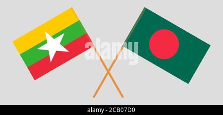 Gekreuzte Flaggen von Bangladesch und Myanmar. Offizielle Farben. Korrektes Verhältnis. Vektorgrafik Stock Vektor