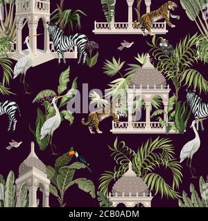 Nahtloses Muster mit uralter Laube und wilden Tieren im Dschungel. Vektor. Stock Vektor