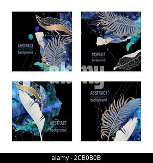 Abstrakte Aquarellbanner mit Blots und tropischen Blättern. Vektor. Stock Vektor
