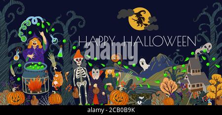 Halloween Banner oder Karte mit gruseligen Elementen. Vektor Cartoon flache Illustration. Stock Vektor