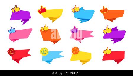 Banner für Text flach Design-Set. Empfohlene Tags Label Kollektion, dekorative Verkauf Symbole Daumen hoch. Förderung Werbung leere Aufkleber, bunte Cartoon-Stil. Buntes Web Icon Kit. Isolierter Vektor Stock Vektor