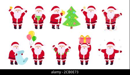 Weihnachtsmann Weihnachten flache Cartoon-Set. Sammlung lustige glückliche Charakter mit weihnachtsbaum, Geschenk und Girlande, Ballons oder Liste. Verschiedene Emotionen weihnachtsmann und Neujahr Objekte. Vektorgrafik Stock Vektor