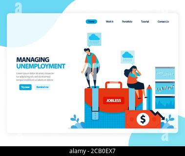 Vektor-Illustration der Verwaltung von Arbeitslosigkeit. Sozialversicherungsprogramm für Arbeitnehmer nach Entlassung. Flacher Cartoon für Landing Page, Vorlage, ui ux, Web, Stock Vektor
