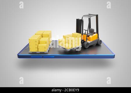 Gabelstapler und Karton auf Palette auf dem Bildschirm des Smartphones eingestellt. Fracht im Lager zur Vorbereitung der Lieferung durch den Transport zum Bestimmungsort. Nachteile Stockfoto