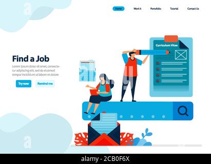 Website-Design der Suche nach Arbeit und die Suche nach Mitarbeitern. Jobs Kandidaten, die mit Suchmaschine übereinstimmen. Flache Abbildung für Landing-Page-Vorlage, Stock Vektor