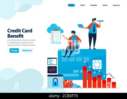 Website-Design der Vorteile der Verwendung von Kreditkarte. Erhalten Sie ein kurzfristiges Darlehen mit mildem Interesse für Ausgaben. Flache Abbildung für Landing Page-Vorlage, U Stock Vektor