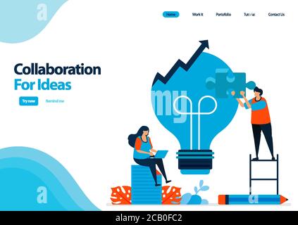 Landing Page Vorlage von verbessern Sie den Problemlösungsprozess mit Zusammenarbeit und Ideen. Glühbirne für Ideen. Illustration für ui ux, Website, Web, Stock Vektor