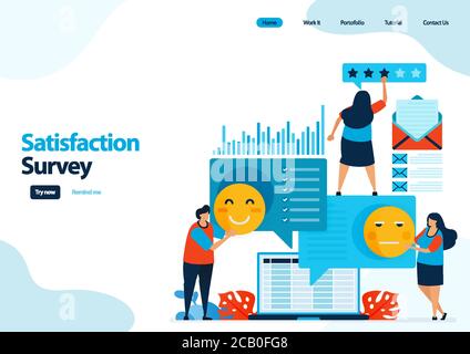 Landing-Page-Vorlage von Emoticon Zufriedenheitsumfragen. Geben Sie Bewertung und Sterne für Apps Dienste. Gutes Feedback mit Emoticons. Illustration für Banner Stock Vektor