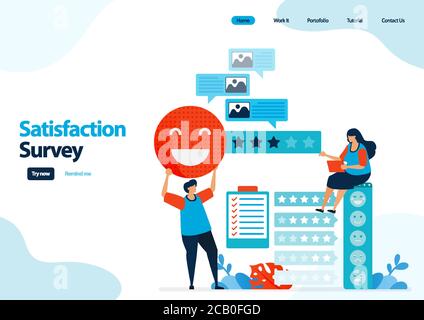 Landing-Page-Vorlage von Emoticon Zufriedenheitsumfragen. Geben Sie Bewertung und Sterne für Apps Dienste. Gutes Feedback mit Emoticons. Illustration für Banner Stock Vektor