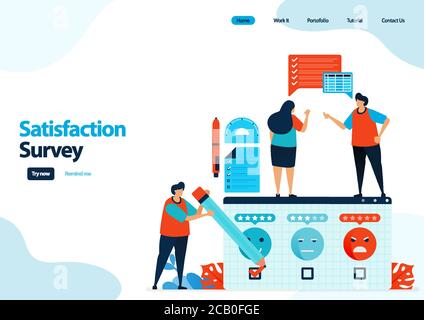 Landing-Page-Vorlage von Emoticon Zufriedenheitsumfragen. Geben Sie Bewertung und Sterne für Apps Dienste. Gutes Feedback mit Emoticons. Illustration für Banner Stock Vektor