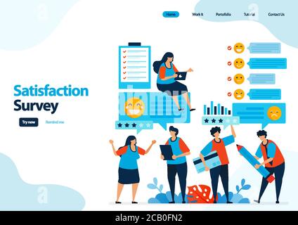 Landing-Page-Vorlage von Emoticon Zufriedenheitsumfragen. Geben Sie Bewertung und Sterne für Apps Dienste. Gutes Feedback mit Emoticons. Illustration für Banner Stock Vektor