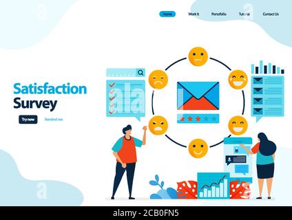 Landing-Page-Vorlage von Emoticon Zufriedenheitsumfragen. Geben Sie Bewertung und Sterne für Apps Dienste. Gutes Feedback mit Emoticons. Illustration für Banner Stock Vektor