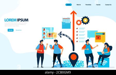 Vektor-Illustration von Menschen fragen, um Position und Richtung des Ziels zu finden. Turn-Schild mit Standort-PIN. Entwickelt für Landing Page, Vorlage, Stock Vektor