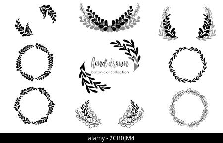 Blumen Äste und Blätter Kranz. Handgezeichneter Vektor. Botanische Skizzensammlung. Dekorative Elemente für Design. Tusche, vintage, rustikal. Stock Vektor